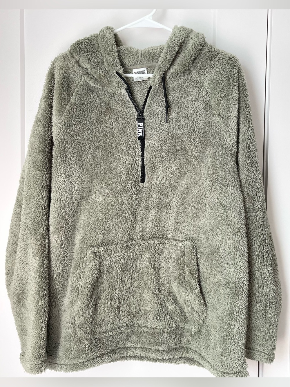 PINK Victoria's Secret Sage Green Plush Hooded Half-Zip Sweater